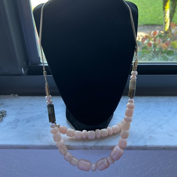 LOFT PALE PINK BEADS TRIMMED WITH COLORED BEADS HUNG ON A DOUBLE OVERHEAD CHAIN - Picture 2 of 10